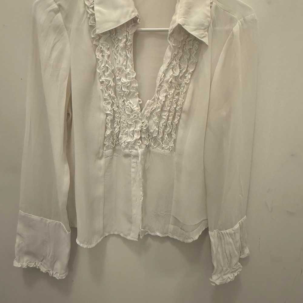 INC International Concepts White Ruffled Long Sleeve Blouse
